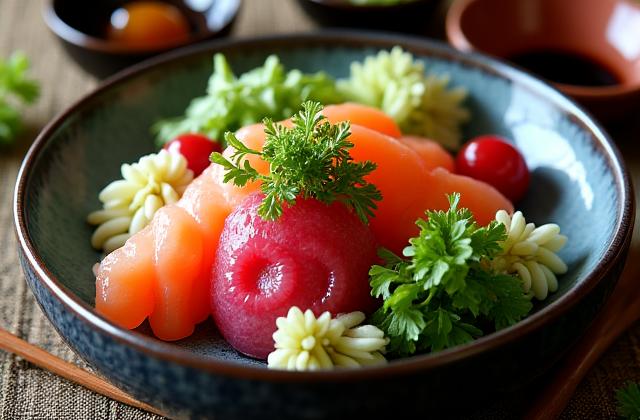 高級懐石料理の美しい盛り付け。箸が添えられ、食欲をそそる。